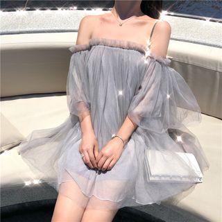 Set: Off Shoulder Elbow Sleeve Mesh Dress + Undershorts