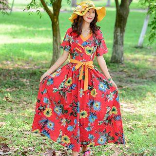 Floral Short-sleeve Maxi A-line Dress