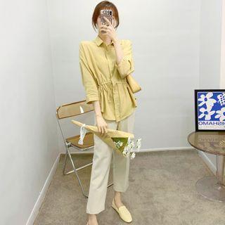 Long-sleeve Plain Shirt + High-waist Plain Wide-leg Pants