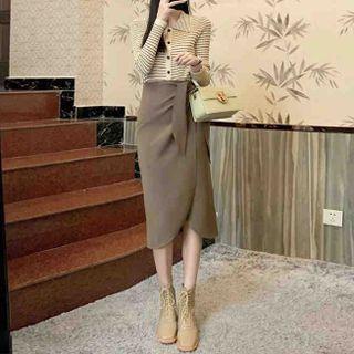 Striped Collared Ribbed Knit Top / Midi Pencil Skirt