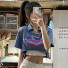 Set: Elbow-sleeve Lettering Polo Shirt + Crop Top