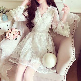 Bell-sleeve V-neck Mini A-line Lace Dress