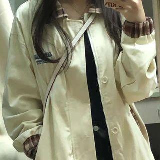 Lettering Plaid Trim Zip Jacket
