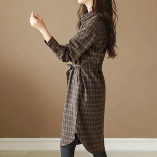 Tie-waist Plaid Flannel Shirtdress