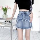 Frayed Trim Denim Mini A-line Skirt