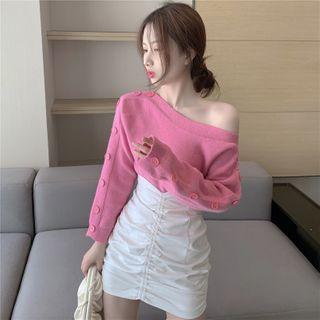 Cold-shoulder Knit Top / Faux Leather Shirred Pencil Skirt