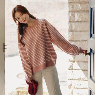 Bear-embroidered Stripe Knit Top
