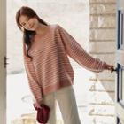 Bear-embroidered Stripe Knit Top