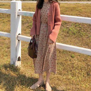 Cardigan / Long-sleeve Floral Print Midi Dress