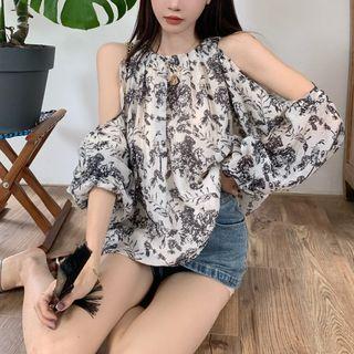 Long-sleeve Cold-shoulder Print Top Black & White - One Size