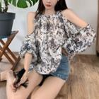Long-sleeve Cold-shoulder Print Top Black & White - One Size