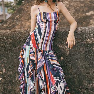 Printed Spaghetti Strap Frill Hem Maxi Dress