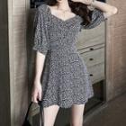 Square Neck Puff Sleeve Floral A-line Dress