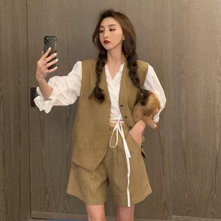 Bell-sleeve Blouse / High-waist Shorts / Buttoned Vest / Set
