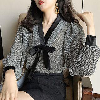 Houndstooth Chiffon Blouse As Shown In Figure - One Size