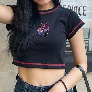 Short-sleeve Spiderweb Print Cropped T-shirt