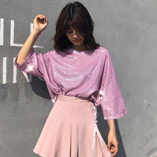Elbow-sleeve Oversized Glittering Top