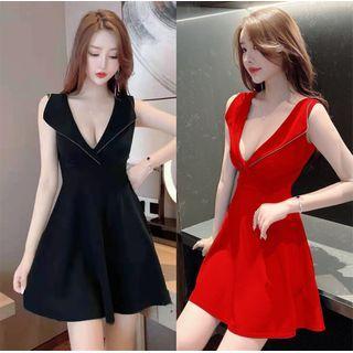 Sleeveless Plunge-neck Mini A-line Dress