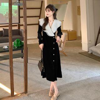 V-neck Button-on Midi Dress Black - One Size