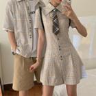 Plaid Short-sleeve Mini A-line Shirtdress / Elbow-sleeve Shirt / Neck-tie