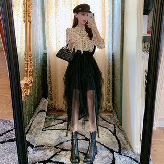Dotted Tie-neck Blouse / Mesh Midi Skirt