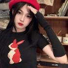 Set: Short-sleeve Rabbit Jacquard Knit Top + Arm Sleeves Set Of 2 - Top & Arm Sleeves - Black - One Size