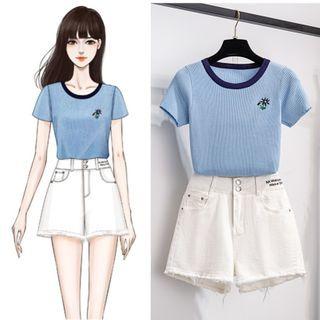 Short-sleeve Flower Embroidered Knit Top / Denim Shorts / Set