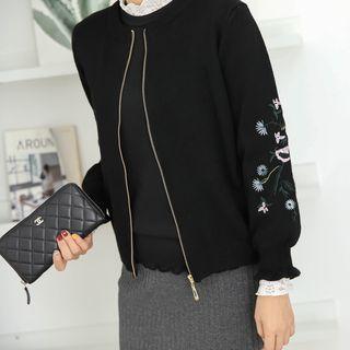 Flower Embroidery Knit Zip Jacket