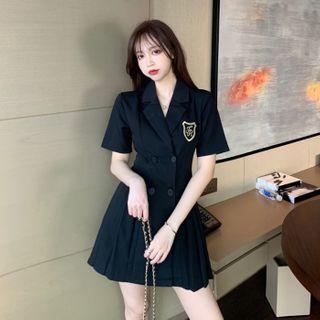 Short-sleeve Double-breasted Pleated Mini A-line Dress