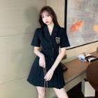 Short-sleeve Double-breasted Pleated Mini A-line Dress