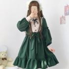 Long-sleeve Ruffle Midi A-line Dress Dark Green - One Size