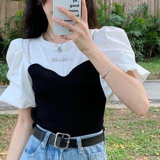 Mock Two-piece Puff-sleeve Lettering T-shirt