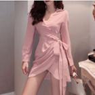 Long-sleeve V-neck Mini Asymmetric Dress Pink - One Size