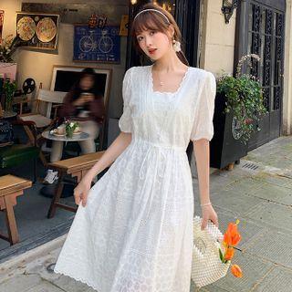 Short-sleeve Embroidered Cut-out A-line Dress