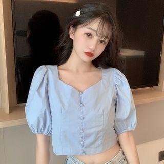 Puff-sleeve Buttoned Crop Top Sky Blue - One Size