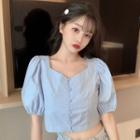 Puff-sleeve Buttoned Crop Top Sky Blue - One Size