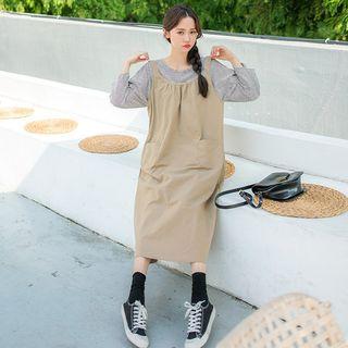 Set: Shirred Long Pinafore Dress + Stripe T-shirt