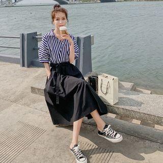 Short-sleeve Mock Two-piece Striped Midi Dress