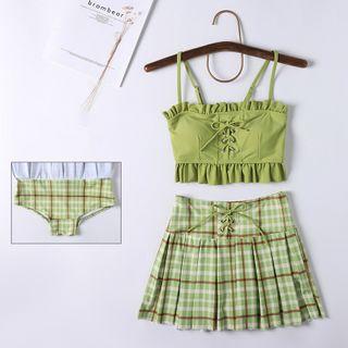 Set: Spaghetti-strap Cropped Swim Top + Plaid Swim Skirt