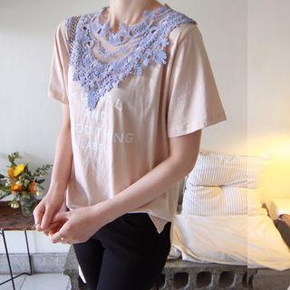 Letter Print Lace-yoke T-shirt