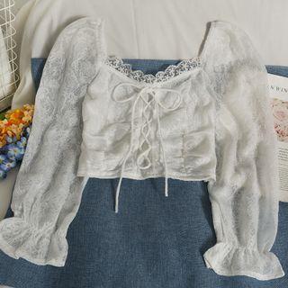 Lace-up Lace Crop Top White - One Size
