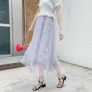 Embroidered Mesh Pleated Midi Skirt
