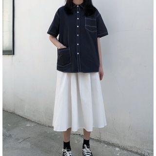 Short-sleeve Denim Shirt / Plain Midi Skirt
