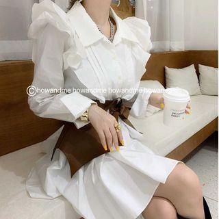 Set : Plain Ruffle Long-sleeve Shirt + Belt