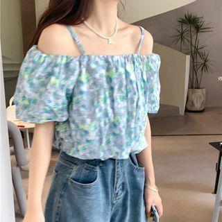 Cold-shoulder Floral Print Blouse Light Floral - Blue - One Size