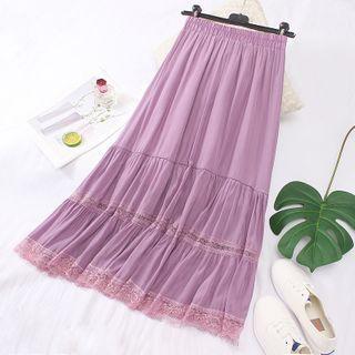 Tiered Lace Trim A-line Midi Skirt