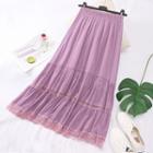 Tiered Lace Trim A-line Midi Skirt