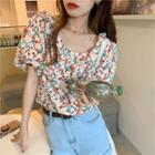 Puff-sleeve Floral Zipped Back Chiffon Top