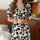 Short-sleeve Floral Midi A-line Dress Black Floral - White - One Size