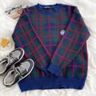 Long-sleeve Plaid Bear Embroidered Knit Sweater Plaid - One Size